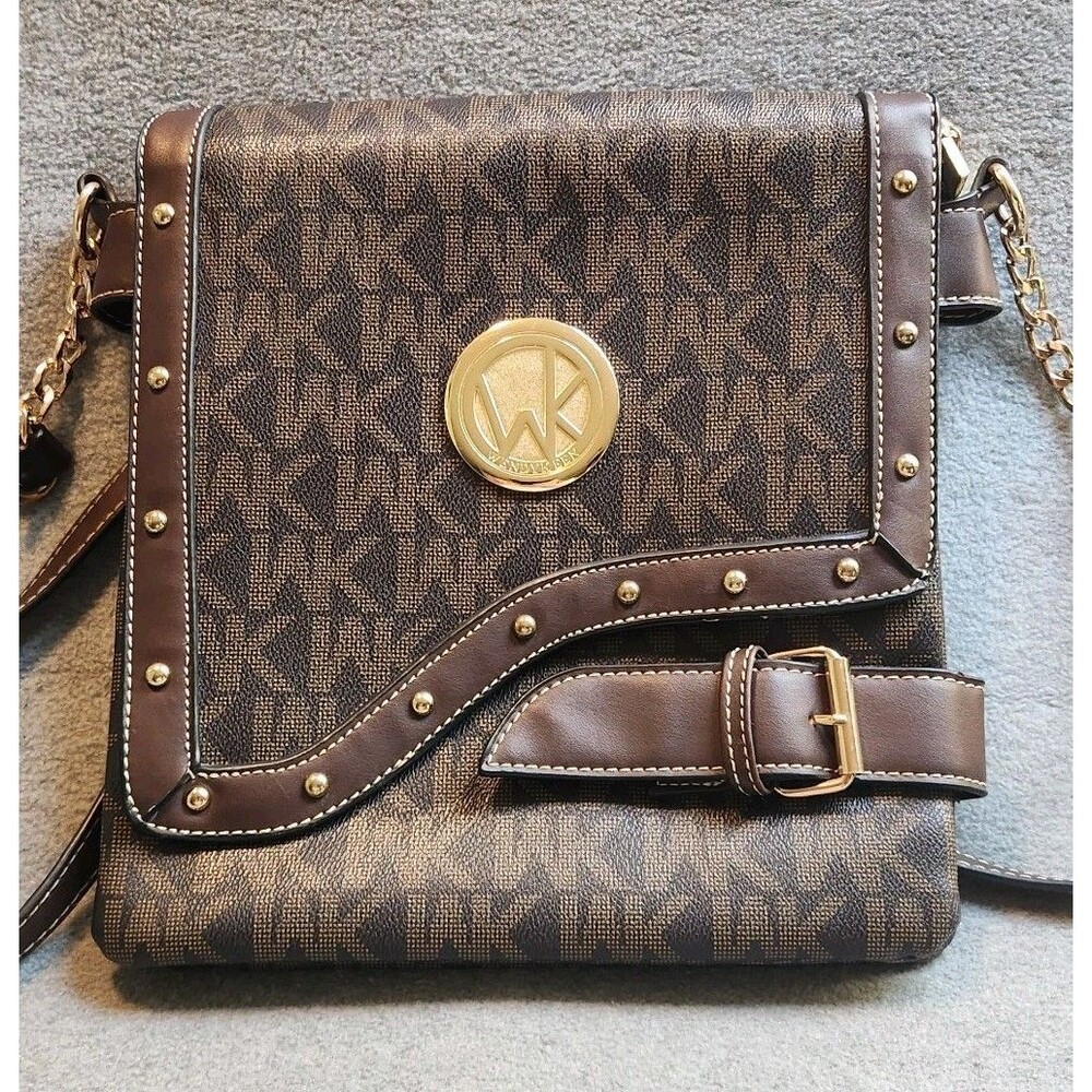 Wendy Keen Monogram Crossbody Bag Brown Gold Hardware